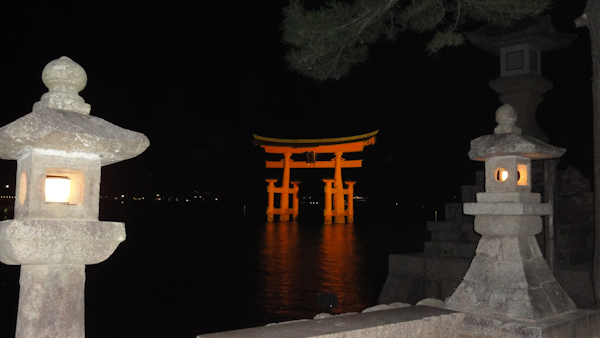 the torii gate lit in the dark with lit stone lanterns in the foreground